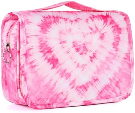Kids Hanging Toiletry Bag for Girls, Travel Toiletry Bag for Teen Girls Cosmetic Makeup Waterproof Wash Bag Traveling Toiletries, Tie Dye Pink Heart