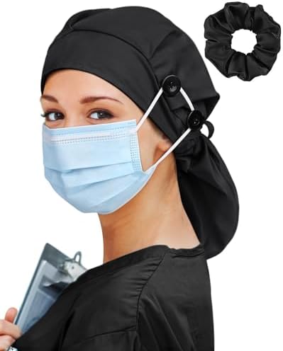 Large Satin Lined Scrub Cap for Women Long Hair Nurse Head Cap Surgical Bonnet 4 Buttons