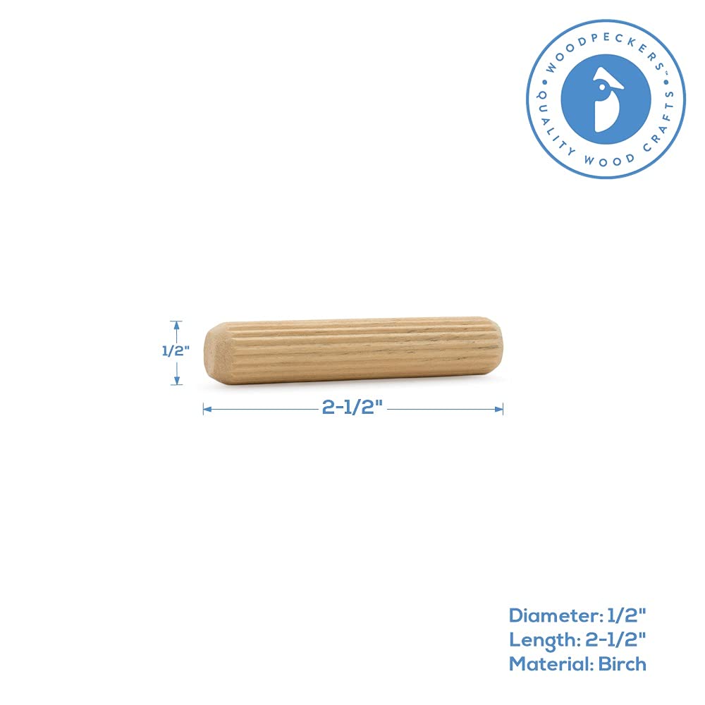 Wooden Dowel Pins 2-1/2 by 1/2 inch, Pack of 500 Fluted Dowel Joints for Woodworking, Furniture and Crafts, by Woodpeckers