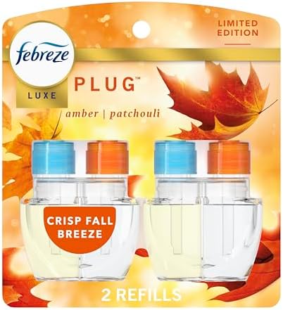 Febreze Plug In Air Freshener, Odor-Fighting Scented Oil Refill, Air Fresheners for Home and Bathroom and Kitchen, Long Lasting for Strong Odors, Crisp Fall Breeze Scent, 0.87oz Refills, 2 Count