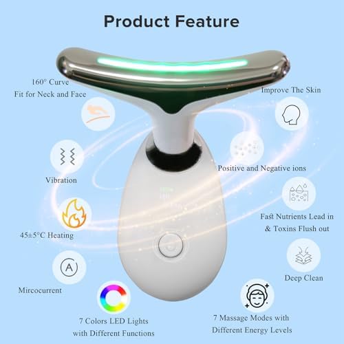 Face Neck Massager with 7-Color Light Modes for Skin Care,Tightening,Smoothness - Red LED Light Therapy Device Triple-Action Beauty Tool