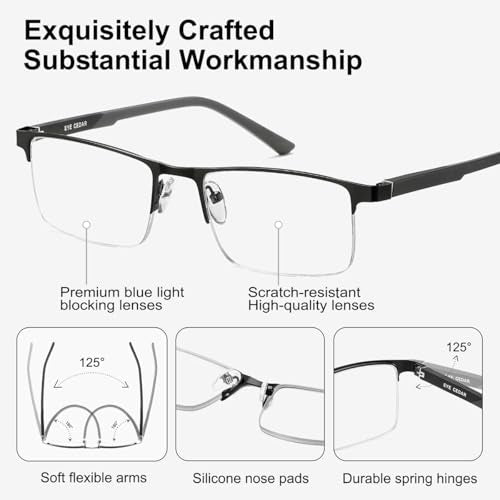 EYECEDAR 5 Pack Premium Blue Light Blocking Reading Glasses Men Metal Half Frame Spring Hinges Computer Readers for Men and Women 1.75