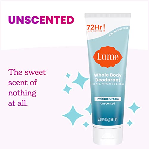 Lume Whole Body Deodorant - Invisible Cream Tube - 72 Hour Odor Control - Aluminum Free, Baking Soda Free, Skin Safe - 3.0 ounce (Pack of 2) (Unscented)