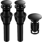 Bathroom Sink Drain with Overflow, Universal Bathroom Sink Stopper for Bathroom Vanity Vessel Sink, Rapid Draining Plastic Pop-up Sink Drain with Hair Catcher Anti-Clog Strainer, 2 Pack, Matte Black
