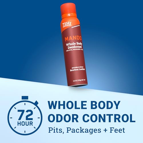 Mando Whole Body Deodorant For Men - Invisible Spray Deodorant - 72 Hour Odor Control - Low Irritation Formula - Aluminum Free, Benzene Free - 3.6 ounce Cans (Pack of 2) - Bourbon Leather