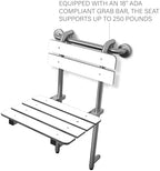 Portable Hanging Profile Bench Shower Seat with 18-inch Grab Bar, Grab Bar Supported, Stainless Steel, White