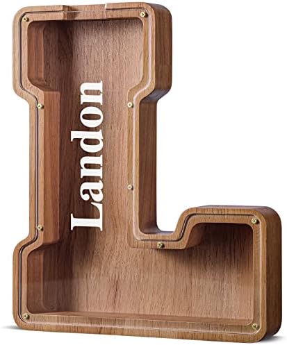 Summidate Customized Name Extra Large Wooden Piggy Bank for Kids Boys Girls Alphabets Letter A-Z Coins Bills Money Change Saving Box Clear Cover (Laser Engraved) Educational Toys 12"- Letter L
