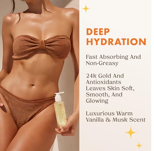 Kopari Golden Aura Body Oil, Toasted Vanilla Post Shower Body Oil with 24k Gold & Hyaluronic Acid. Lightweight Hydrating Formula for Glowing Skin
