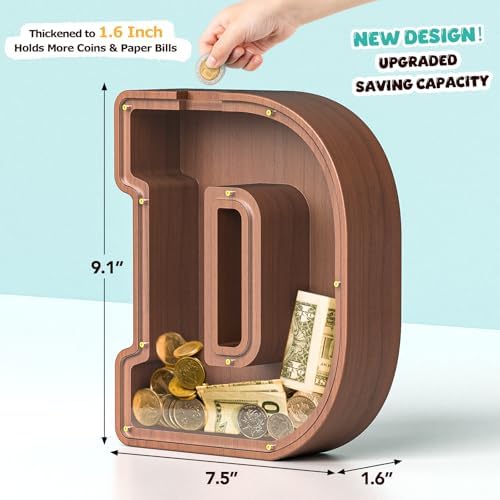 Summidate Wooden Letter Piggy Bank, Extra Thick Large Capacity Piggy Bank for Kids Boys Girls Toddler, Alphabet D Money Bank| Coin Box Birthday, Christmas, Festival