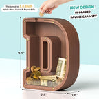 Summidate Wooden Letter Piggy Bank, Extra Thick Large Capacity Piggy Bank for Kids Boys Girls Toddler, Alphabet D Money Bank| Coin Box Birthday, Christmas, Festival