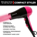 Remington Compact Styler - Small & Portable Hair Dryer - Ceramic Blow Dryer with 2 Heat/Speed Settings & Cool Shot Button for Smooth Finish - Travel Size Lightweight Handheld Dryer, 1875W