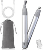 Nose Hair Trimmer for Women 2in1 Facial Hair Removal Trimmer - Metal Body, Rechargeable, Waterproof, Portable - Nose, Ear, Eyebrow, Peach-Fuzz, Lips, Chin FT2001 (Silver)
