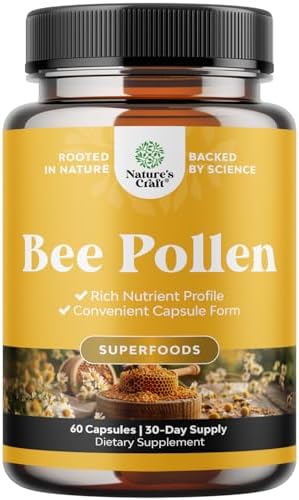 Bee Pollen Supplement 1000mg per Serving - Pure Capsules with Naturally Occurring B Vitamins Minerals & Enzymes Pills Made Vegetarian Non-GMO Gluten Free (30 Servings)