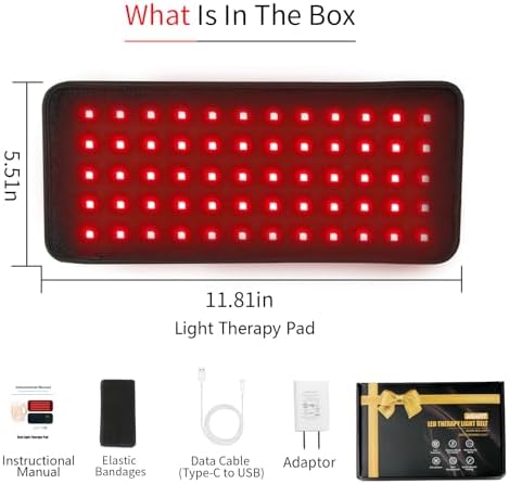 Rechargeable 60-Beads Red Light Therapy LED Pad, 5.5 X 11.8 Inch, Wearable 850nm & 660nm Infrared Belt for Neck Knee Body with Built-in 1500mAh Battery & Auto Timer