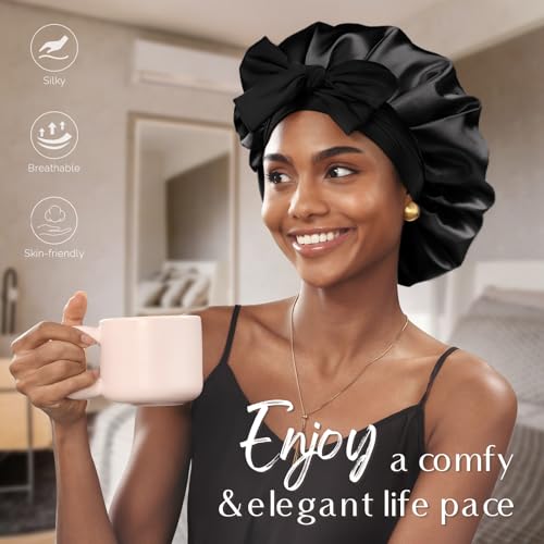 YANIBEST Satin Bonnet Silk Bonnet for Sleeping Double Layer Ajustable Satin Bonnet for Women Men for Curly Natural Hair with Tie Band