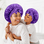 2 PCS Mommy and Me Bonnet Set,Silk Bonnet for Kids and Women,Satin Bonnet for Sleeping with Elastic Tie Band,Adjustable Hair Bonnet for Women Girl Kids Toddler Sleeping Caps(Dark Purple)