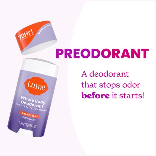 Lume Whole Body Deodorant - Invisible Cream - 72 Hour Odor Control - Aluminum Free, Baking Soda Free, Skin Safe - 3.0 Ounce Tube and 2.6 Ounce Solid Stick Bundle (Soft Powder)
