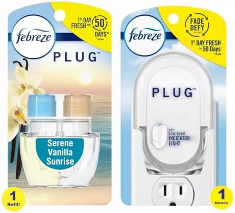 Febreze Odor-Fighting Fade Defy Plug Air Freshener Refill Serene Vanilla Sunrise (1 Refill) of 0.87 Fl Oz + Starter Kit