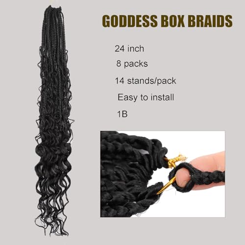 Goddess Box Braids Crochet Hair - 24 inch Crochet Box Braids Pre Looped 8 packs Boho Box Braids Crochet Hair Curly Ends,Bohomian Box Braid Crochet Hair for Black Women 1b