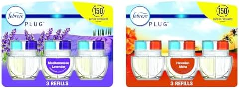 Febreze Plug in Air Freshener and Odor Eliminator Variety Pack - Hawaiian Aloha & Mediterranean Lavender Scent 6 Count Mix Pack
