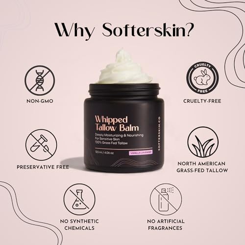 Beef Tallow for Skin (Vanilla Lavender 4 oz) - Whipped Tallow Balm for Face and Body - Natural Moisturizer for Sensitive Dry Skin - Handmade Body Butter - 100% Grass-Fed - Gentle Skincare