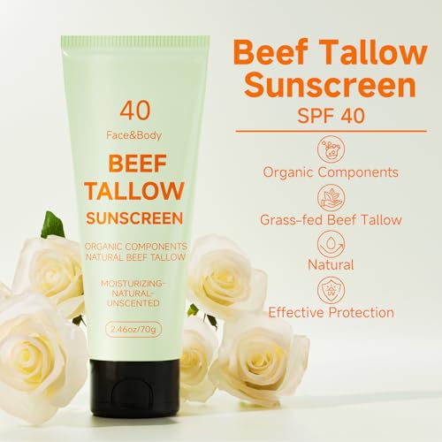 Tallow Sunscreen, Beef Tallow for Skin, Organic Beef Tallow Sunscreen, Unscented Grass-Fed Beef Tallow Natural Moisturizing Cream for All Skin Type Deep Hydration Non Greasy Anti White Cast