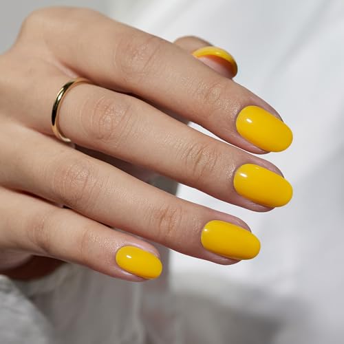 BTArtbox Press On Nails Short - Spring Press on Nails Oval, Yellow Fake Nails with Nail Glue, Natural Reusable Glue On Nails in 16 Sizes Nail Kit, Autumn Sunshine