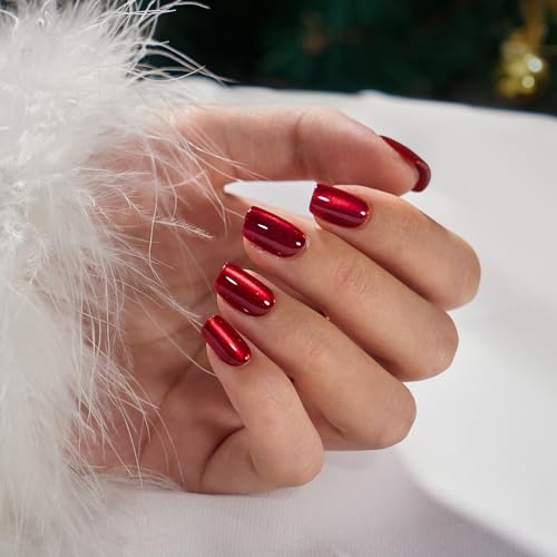 BTArtbox Press On Nails Red - Cat Eye Press On Nails Square for Gifts,Cherry Short Stick On Nails with Glue, Glossy Reusable Nail Tips in 15 Sizes - 30 Soft Gel Fake Nails Kit, Hot Love