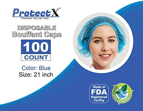 ProtectX 100-Pack Blue Disposable Hair Nets, Elastic Head Cover, Bouffant Caps, Sanitation Head Cover for Food Service, Spa Men & Women - 21 inch