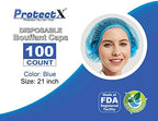 ProtectX 100-Pack Blue Disposable Hair Nets, Elastic Head Cover, Bouffant Caps, Sanitation Head Cover for Food Service, Spa Men & Women - 21 inch