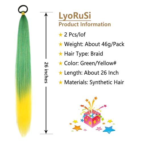 Braided Ponytail Extension With Hair Tie, Straight Wrap with Braid Ponytail Extension Green Yellow Gradient Synthetic Hair Pieces 26 Inch (Green/Yellow#)