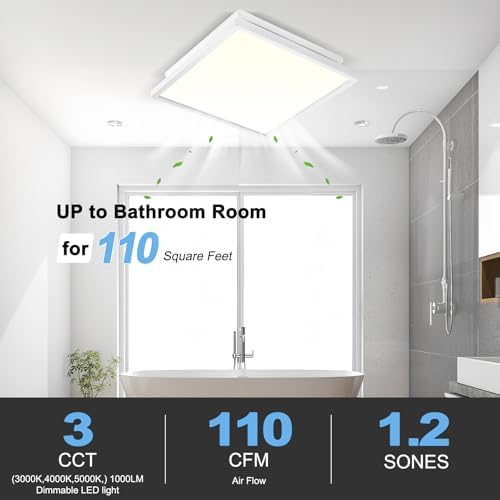 Tech Drive Bathroom Exhaust Fan with Light, 110 CFM, Super Quiet 1.2 Sone Bathroom Fan with Light,1000lm Dimmable 3CCT LED Light 3000K/4000K/5000K Selectable,Energy Star Ventilation Fan,White