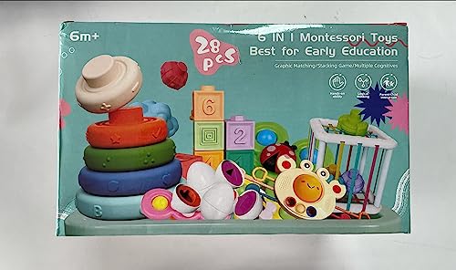 Weilim Baby Toys for 6 to 12 Months, Montessori Sensory Bins & Teething Toys, 6 in 1 Stacking Blocks, Rings, Eggs, Spinner, Crab Shape, 27 Pieces, Ages 6-36 Months