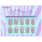 BTArtbox Press On Nails Medium - Soft Gel French Tip Press On Nails, Almond Glue On Nails with Nail Glue, Reusable Stick On Nails in 15 Sizes, White Swirl
