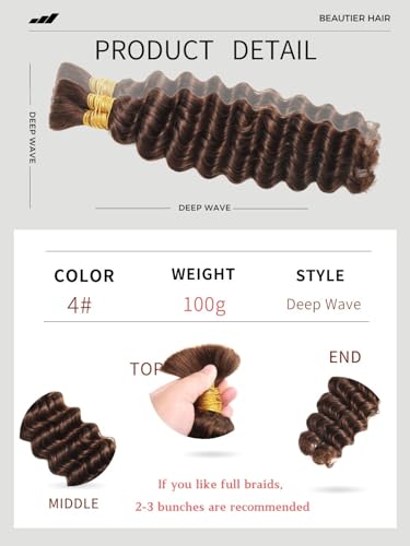 Human Braiding Hair 4# Deep Wave Bulk Human Hair for Braiding No Weft 100g 2 Bundles/Pack Curly Human Hair Extensions for Boho Braids Wet and Wavy Brazilian Virgin Human hair Braiding Hair (14 Inch)