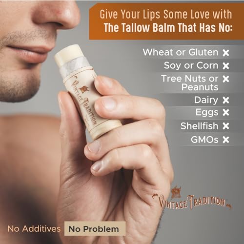 Vintage Tradition Moisturizing Beef Tallow Lip Balm – Tube Lip Moisturizer with Peppermint Essential Oil Hydrates & Soothes Dry Lips – Grass-Fed Tallow Balm for Skin Care, 0.5 Fl. Oz.