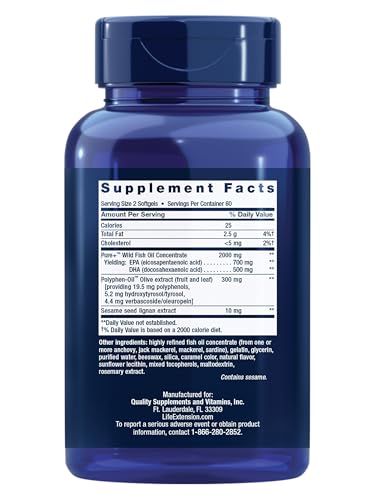Life Extension Super Omega-3 EPA/DHA Fish Oil,Sesame Lignans & Olive Extract – Cognitive Health,Cholesterol Health Support,Gluten-Free,Non-GMO,120 Softgels,(Pack of 2)