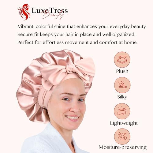 Satin Hair Bonnet by LuxeTress - Premium Soft Feel - Double-Layered Silk Satin - Adjustable Non Slip Band