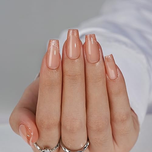BTArtbox Press on Nails Coffin - Gold Rose French Tips Press On Nails Short for Women, Cat Eye Nail Tips, Glitter Fake Nails with Glue, Glue On Nails in 16 Sizes - 30 Nail Kit, Gold Dust