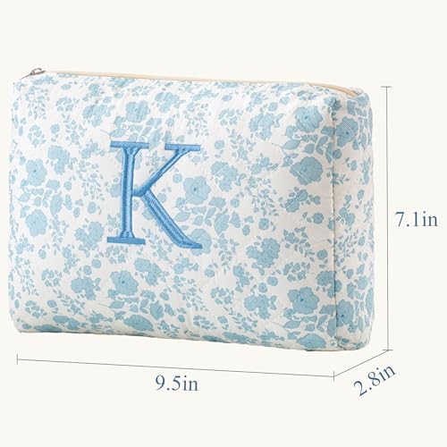 HBselect Initial Makeup Bag, Quilted Makeup Bag, Cotton Large Travel Makeup Bag, Cute Floral Coquette Make up Bag Cosmetic Bag Toiletry Bag for Women Girls K