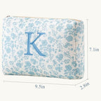 HBselect Initial Makeup Bag, Quilted Makeup Bag, Cotton Large Travel Makeup Bag, Cute Floral Coquette Make up Bag Cosmetic Bag Toiletry Bag for Women Girls K