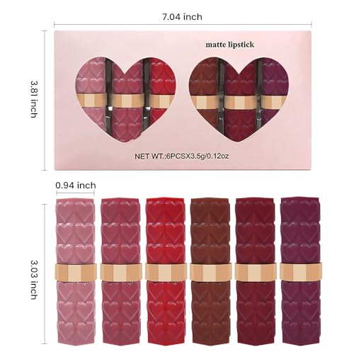 6 Pcs Nude Pink Red Purple Brown Lipstick Matte Sets,Light to Dark Velvet Lipstick for Women Long Lasting Waterproof 24 Hours Lip Stick Lip Stain Makeup Gift Sets,labiales mate 24 horas originales