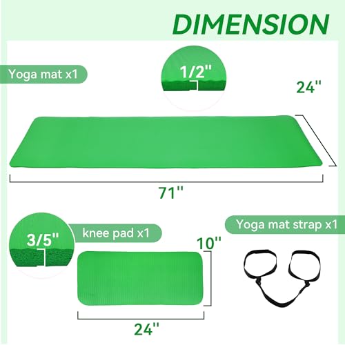 Fitvids 1/2-Inch Extra Thick High Density Anti-Tear Exercise Yoga Mat with Knee Pad and Carrying Strap, Green