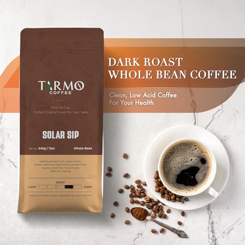 Tarmo Coffee | SOLAR SIP - Low Acid Coffee, Vietnamese Coffee, Robusta & Arabica Blend, Whole Bean, Dark Roast, 12 Oz Bag