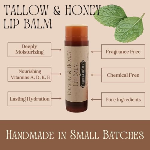 Lip Balm with Beef Tallow, Natural Essential Oils, Unscented, Organic (Spearmint)