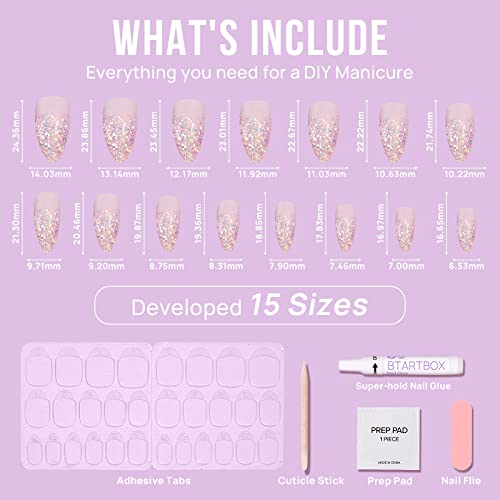 BTArtbox Press On Nails Medium- Christmas Supremely Fit & Natural Soft Gel Glue On Nails with Nail Glue, Reusable Stick On Nails in 15 Sizes - 30 Fake Nails Kit, Pink Sparkle
