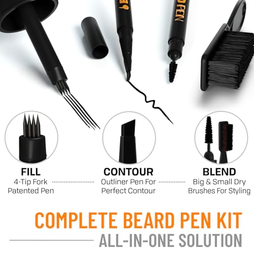 FOLLICLE BOOSTER Beard Pen Filler Styling Kit for Men - 3-in-1 Filling Set with 4-Tip Fork, Normal Pencil, and Brush - Waterproof, Sweatproof & All-Day Hold - Jet Black