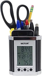 Victor PH500 Electronic Pencil Cup w/LCD Display, Temperature in Farenheit & Celsius, Time, Date, Day of Week, Great for Home and Office Desks, Black & Chrome