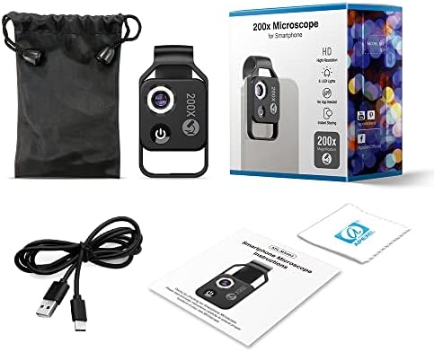 200X Phone Mini Pocket Microscope with LED Light/Universal Clip, Nano Zoom Portable Digital Microscope Camera Attachments for 99% Smartphone, Microworld for Kids Adults(Black 200X with CPL)