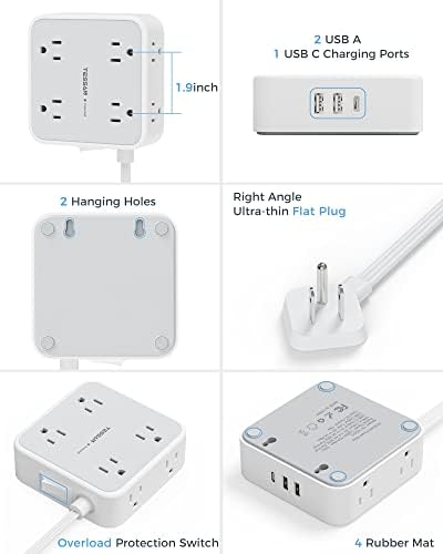 Power Strip Surge Protector 10 Ft Cord, 8 AC Outlets, 3 USB Charger(1 USB C Port), TESSAN Ultra Thin Extension Cord, Flat Plug, 900 Joules Protection, Desk Charging Station for Home, Office